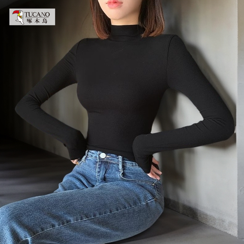 啄木鸟灰色半高领打底衫女春秋修身显瘦长袖t恤弹力修身外穿上衣