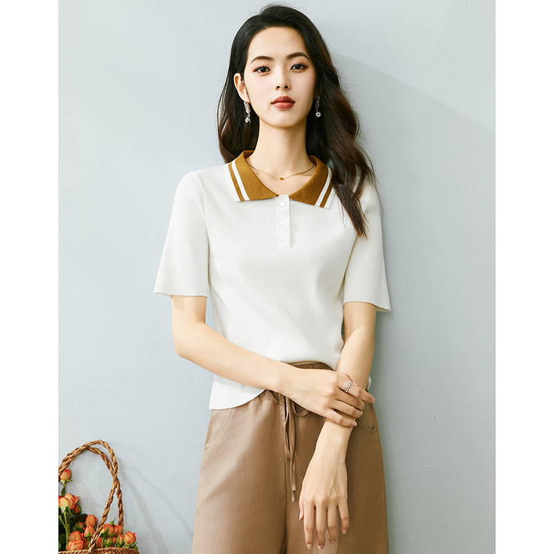 晚白秋季新款时尚百搭简约T休闲翻领撞色减龄针织短袖女24011914