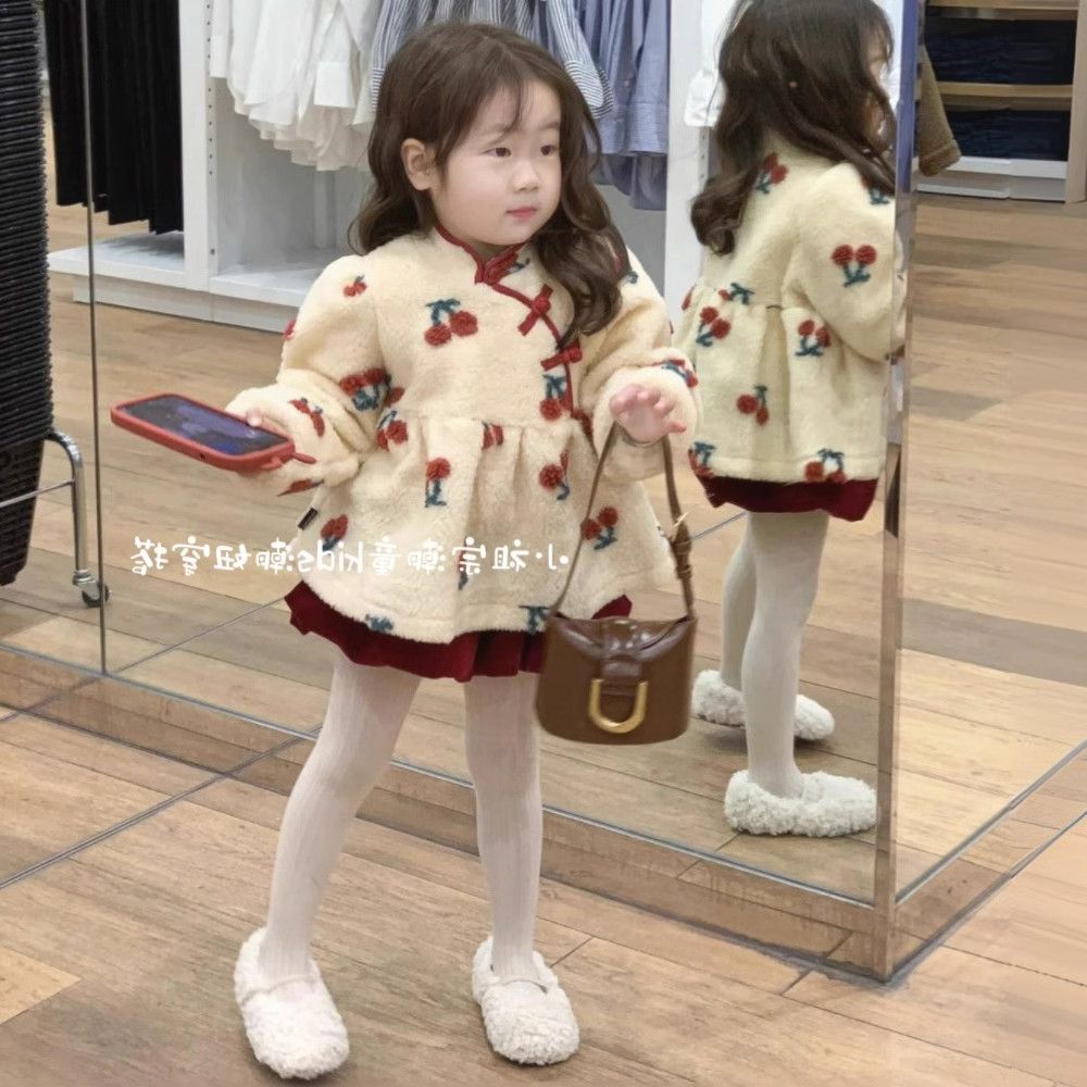 女童双面樱桃提花羊羔绒外套女童保暖红丝绒加绒灯笼裤两件套洋气