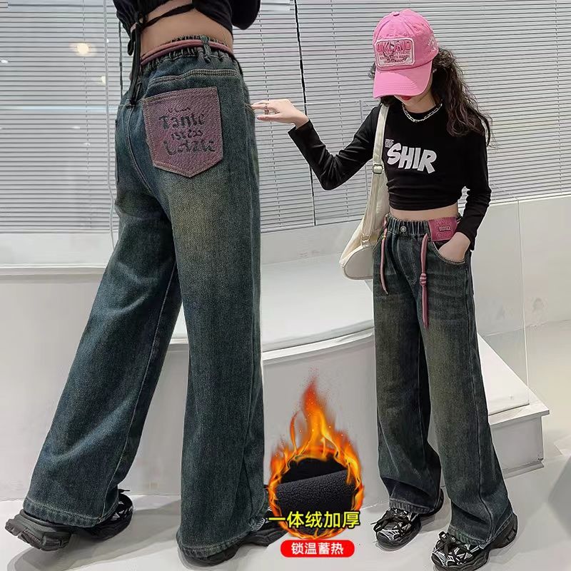 新款加绒加厚弹力直筒裤百撘中大童牛仔裤复合网红一体绒女孩秋冬