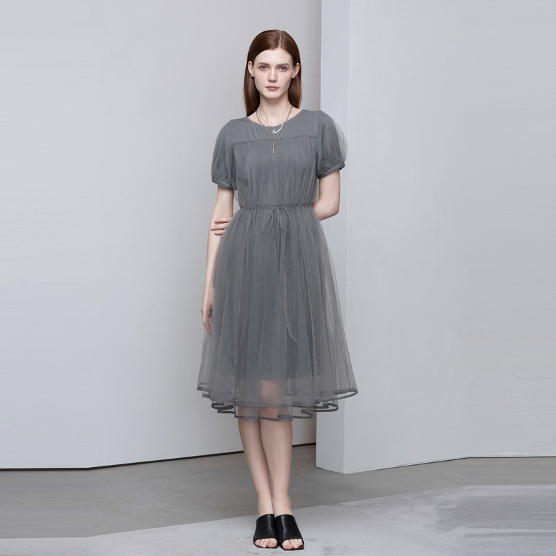 S·DEER圣迪奥气质显瘦时尚法式女灰欧根纱通勤连衣裙S222Z12Q1