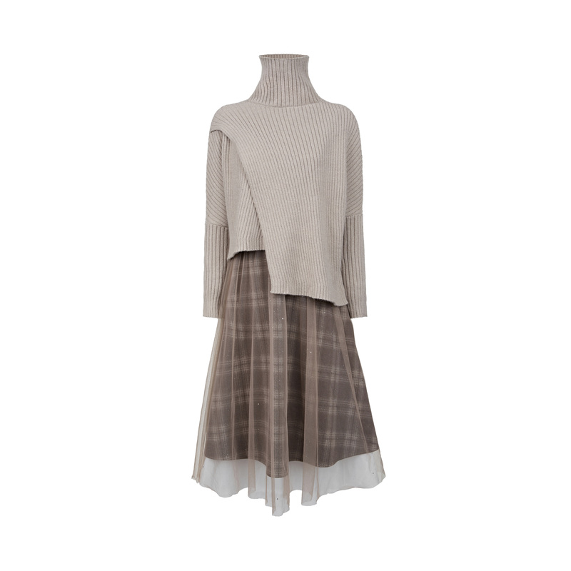 S·DEER圣迪奥时尚女装网纱格纹高领格纹长袖复古套装裙S223Z1446