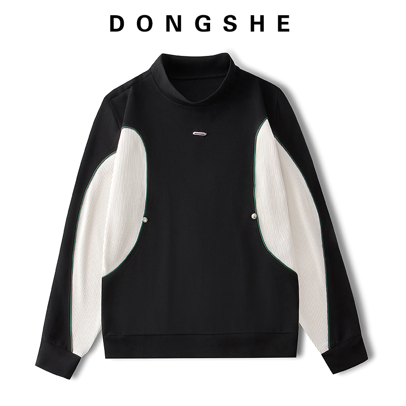 懂奢DS美式潮牌高级感字母刺绣立领卫衣撞色拼接条纹休闲运动上衣