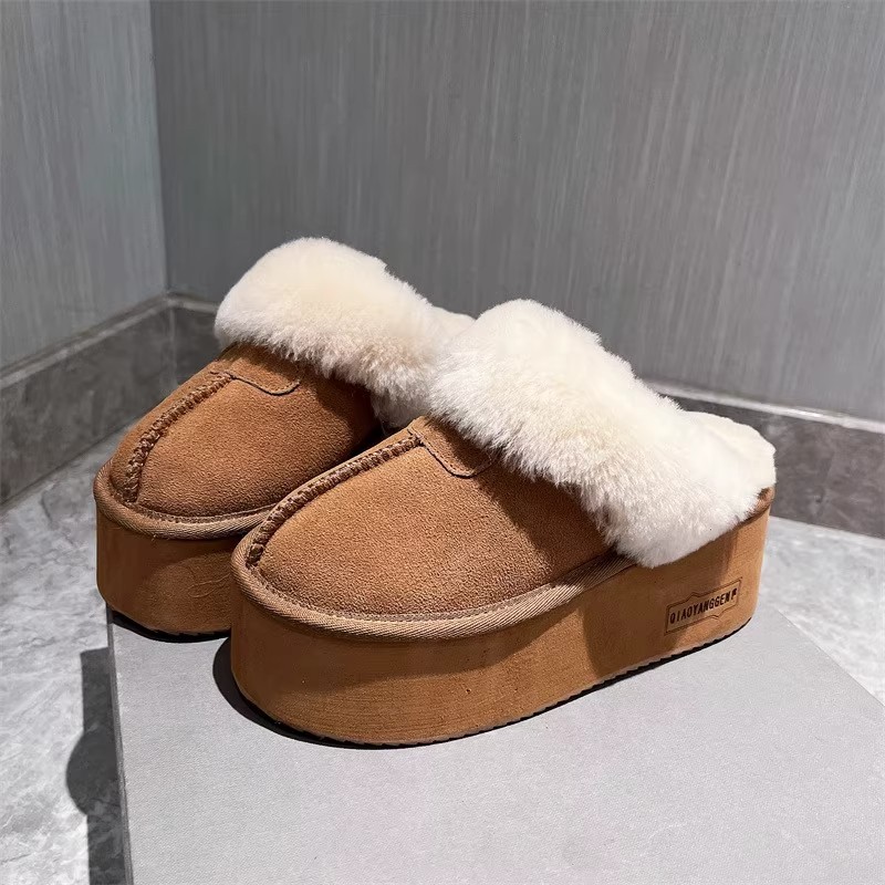 时尚爆款毛毛鞋包头室外穿厚底雪地棉半拖鞋小个子高跟鞋托女鞋