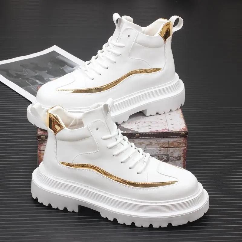 白鞋高帮鞋男2023新款秋冬季加绒马丁靴子男士潮流厚底内增高板鞋