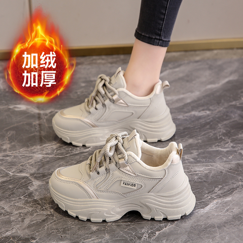 红蜻蜓牌小码34真皮老爹鞋女加绒棉鞋冬季2023新款厚底百搭软底运