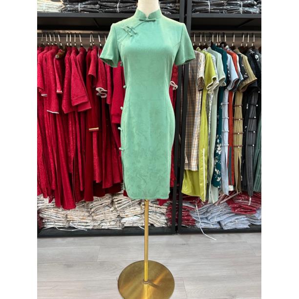 夏季旗袍中长款2025年新款小个子日常可穿修身细腰薄款绿色送高考