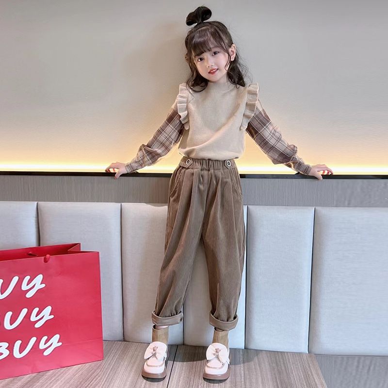女童秋季套装2023新款洋气儿童炸街上衣中大童时髦格子两件套秋装