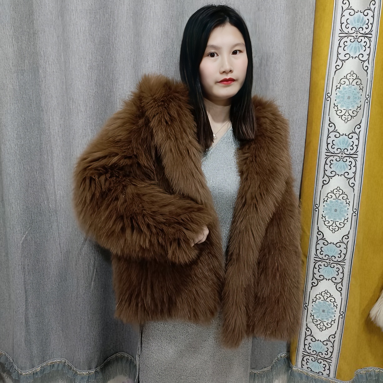 女款65衣长狐狐毛毛编制外套时尚编织短款设计师冬季秋冬气质女士