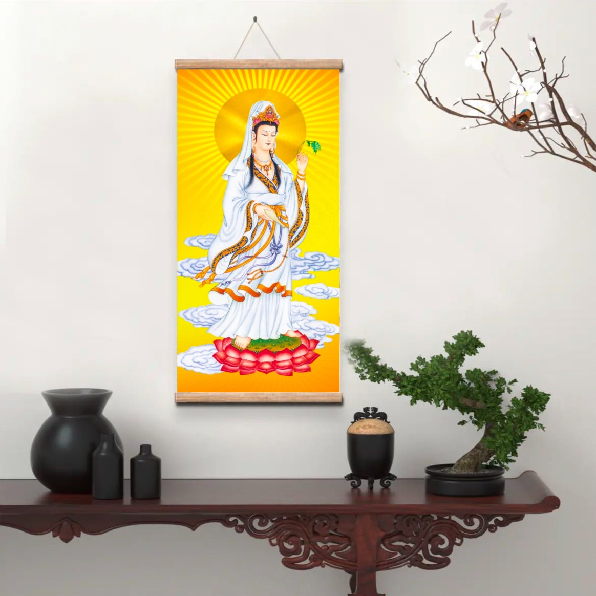 观音菩萨挂画禅意卷轴画佛经装饰画观音像玄关走廊过道实木挂轴画