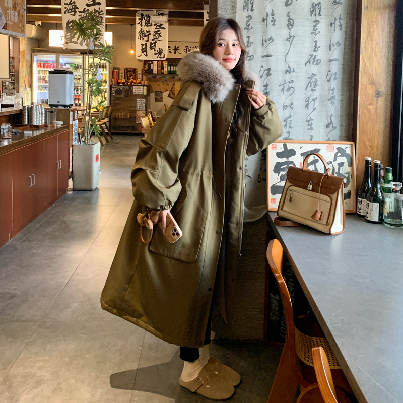 大毛领派克服女2025新款冬季韩版中长款棉衣棉服加绒加厚工装外套