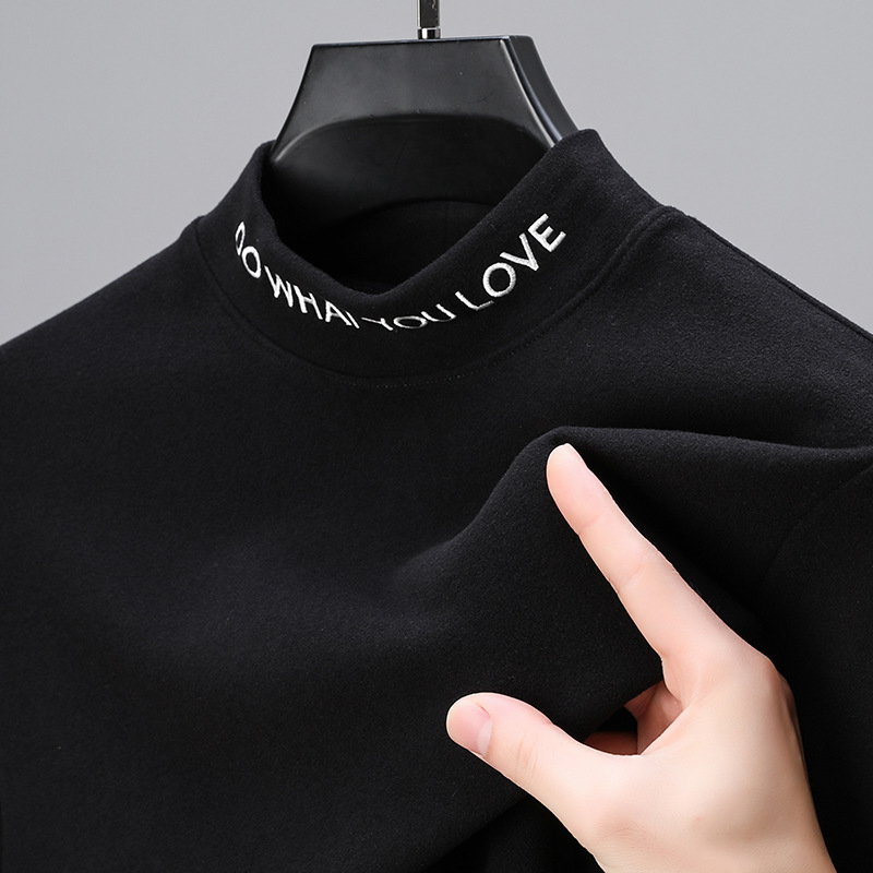 刺绣字母双面德绒半高领打底衫男2023冬季新款内搭长袖套头上衣潮