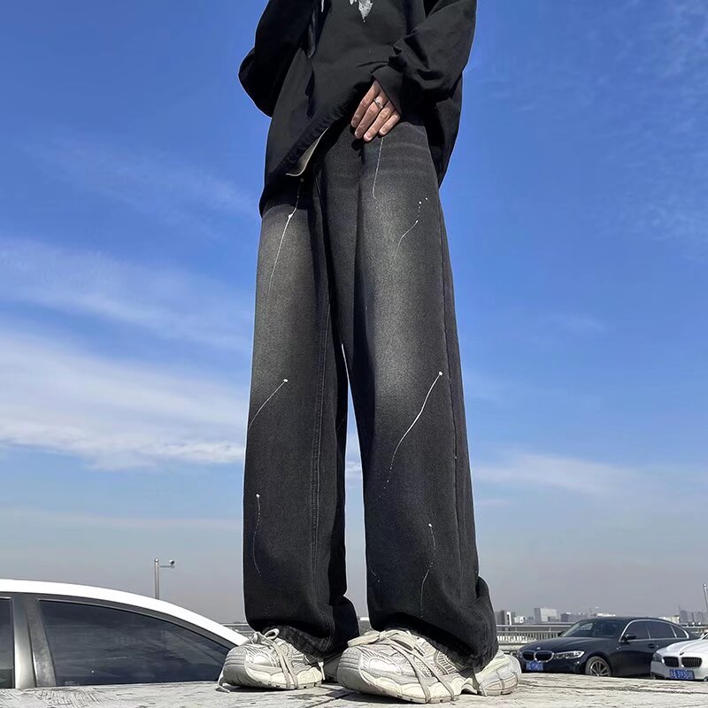 美式复古黑色牛仔裤男潮牌泼墨宽松阔腿长裤高街vibe直筒裤子男生