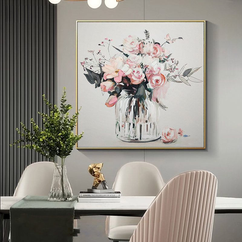 手绘油画花卉玄关过道卧室北欧风小众挂画美式餐厅两联装饰画温馨