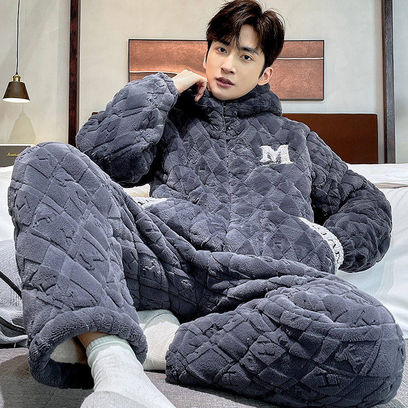 【三层夹棉】睡衣男冬季新款珊瑚绒加厚保暖家居服青年可外穿套装男