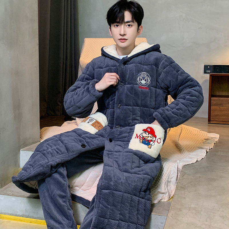 【三层夹棉】睡衣男珊瑚绒加绒加厚睡袍法兰绒冬款秋冬季家居服套装