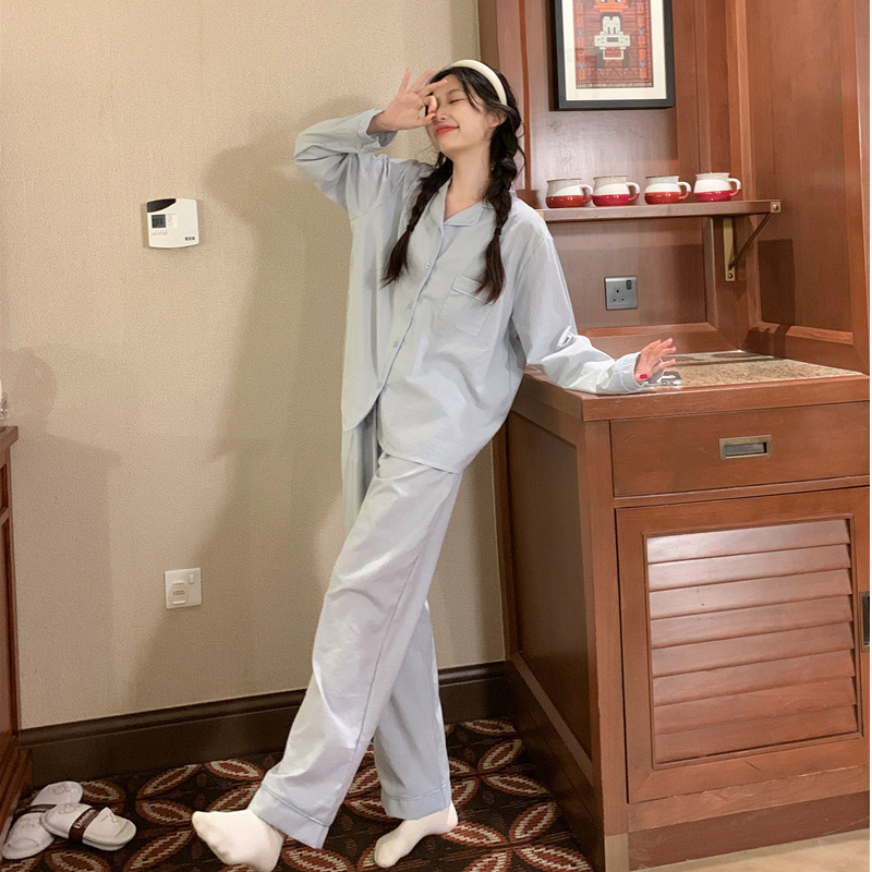 日系简约条纹翻领睡衣女春秋季显瘦休闲宽松长袖家居服套装可外穿