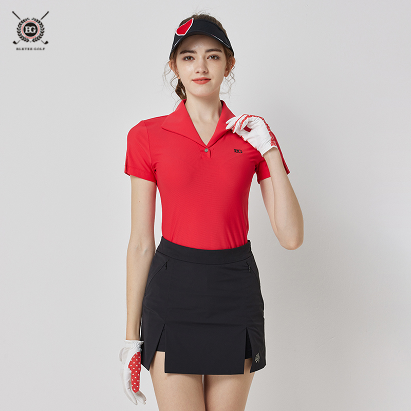 高尔夫服装女红色翻领短袖T恤修身透气舒适高端百搭户外运动上衣