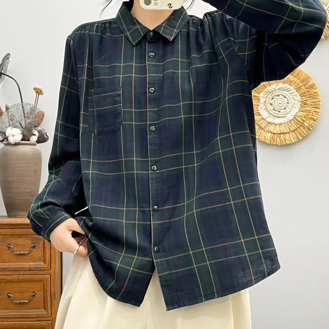 2024年秋款衬衫格子衬衣女宽松休闲双层棉纱衬衫新款格子衬衫长袖