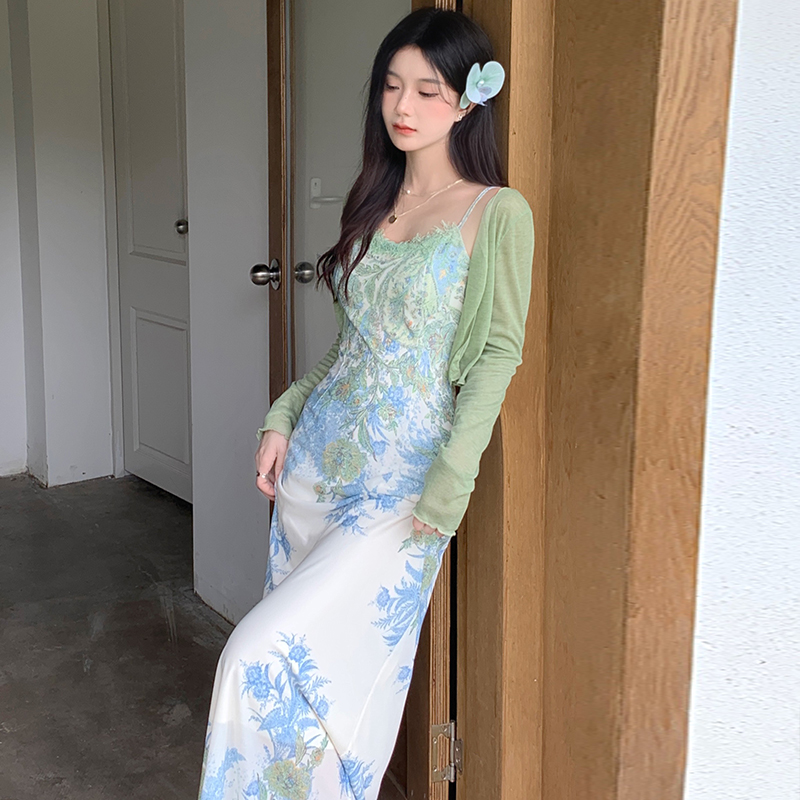 花开半夏新中式复古气质显瘦连衣裙套装女装女夏开衫长款吊带裙