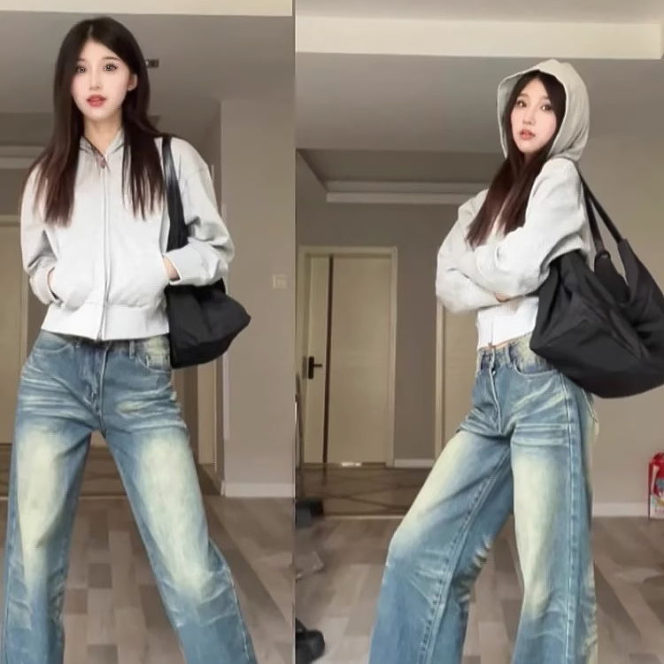 正肩连帽开衫2024早春新款灰色短款卫衣外套女春秋冬款小个子美式