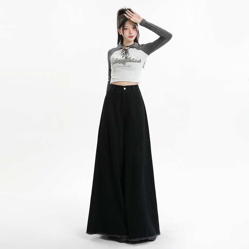 水洗拼接设计黑色高腰显瘦阔腿牛仔扫地裤象腿大裤脚毛边时尚百搭