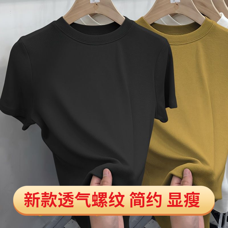 啄木鸟2024夏季新款纯色圆领短袖女小众半袖修身螺纹体恤上衣棉