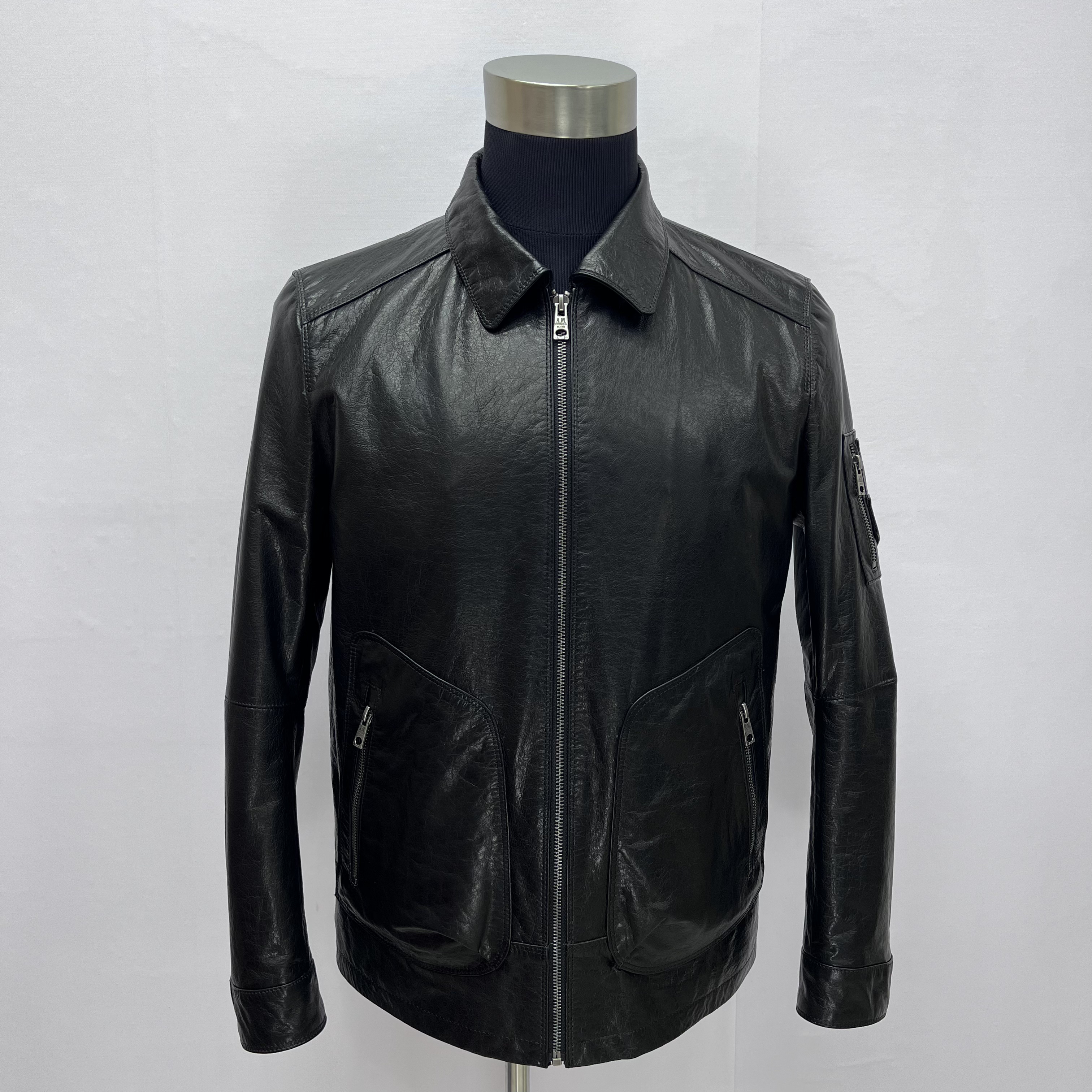 男士黑色小牛皮油蜡翻领短款修身时尚夹克皮衣春秋款