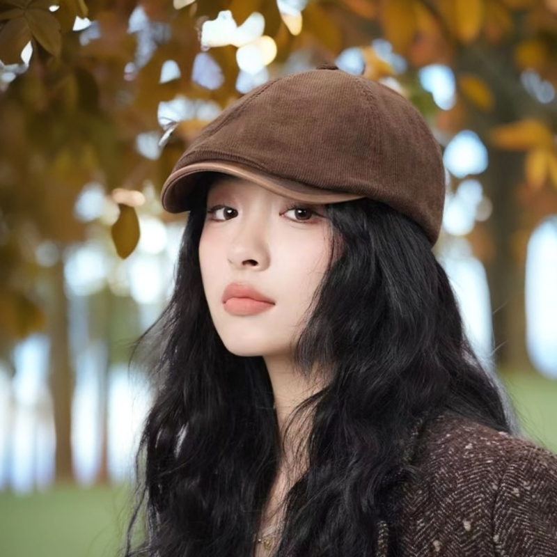 新款英伦鸭舌帽子女士复古前进帽日系百搭灯芯绒韩版显脸小贝雷帽