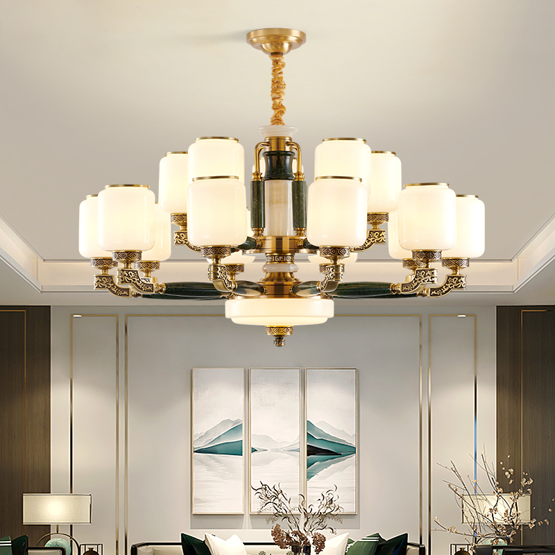 新中式吊灯全铜玉石客厅灯翡翠绿中国风复式楼别墅餐厅卧室大厅灯