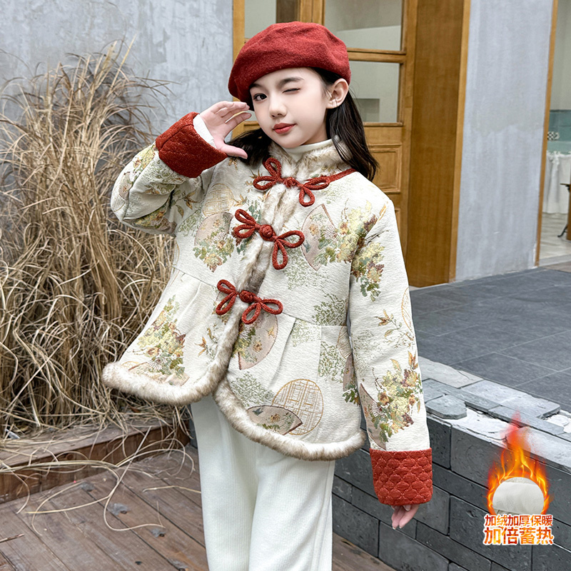 女大童2024新款棉服秋冬儿童外套国风新年拜年服女孩冬装加绒加厚