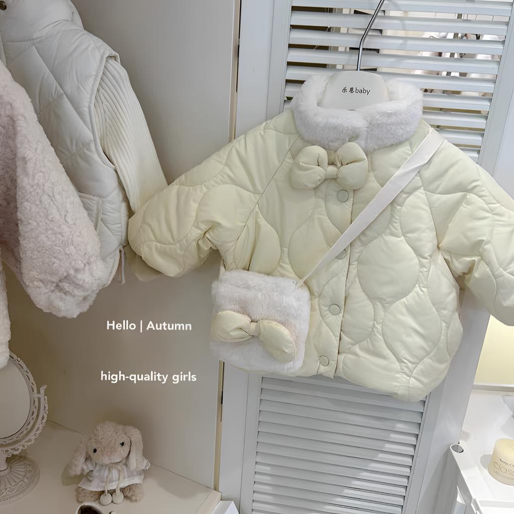 2025女童秋冬新款奶黄色加绒棉服女宝宝洋气可爱棉袄外套送包包