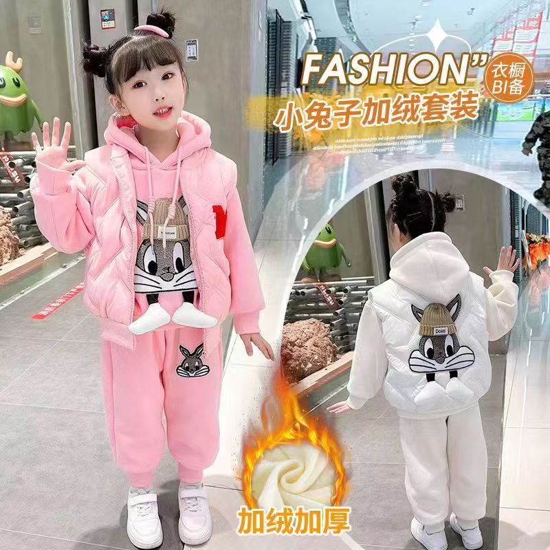 新款2025潮流女童中大童洋气时尚韩版宽松加厚加绒马甲卫衣三件套