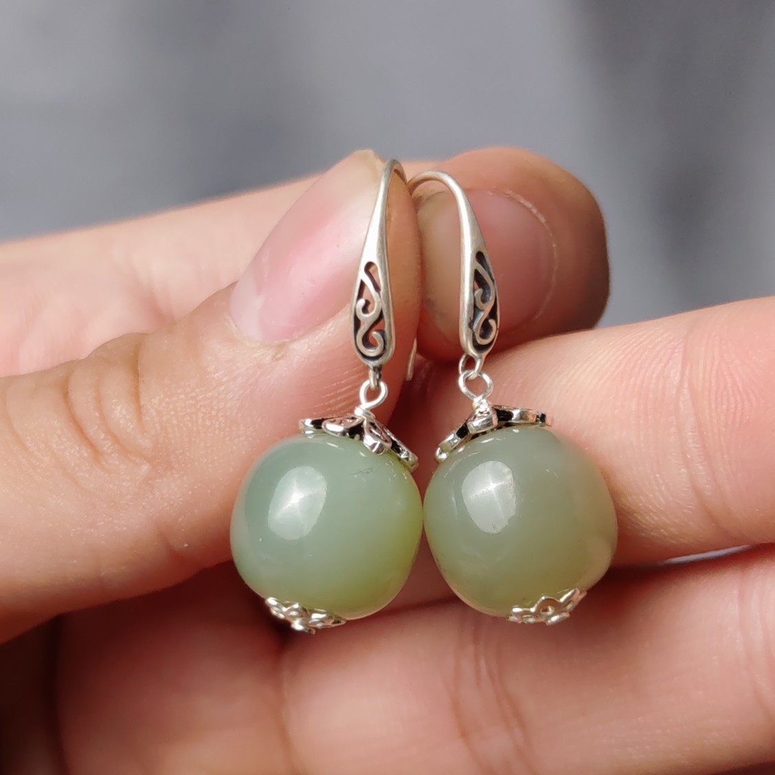 S925银和田玉14毫米冰晴水老型珠耳坠单珠耳环防过敏耳饰811446