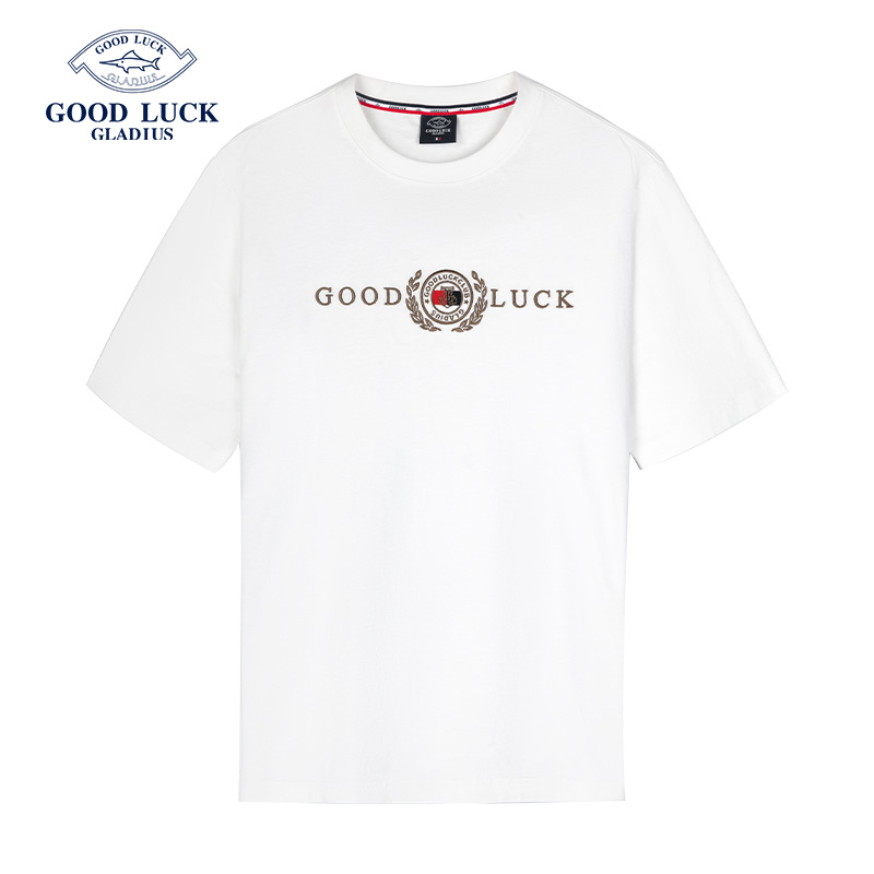GOOD LUCK德鲨鲨鱼夏季纯棉微廓刺绣LOGO形象款短袖T恤-WY23609
