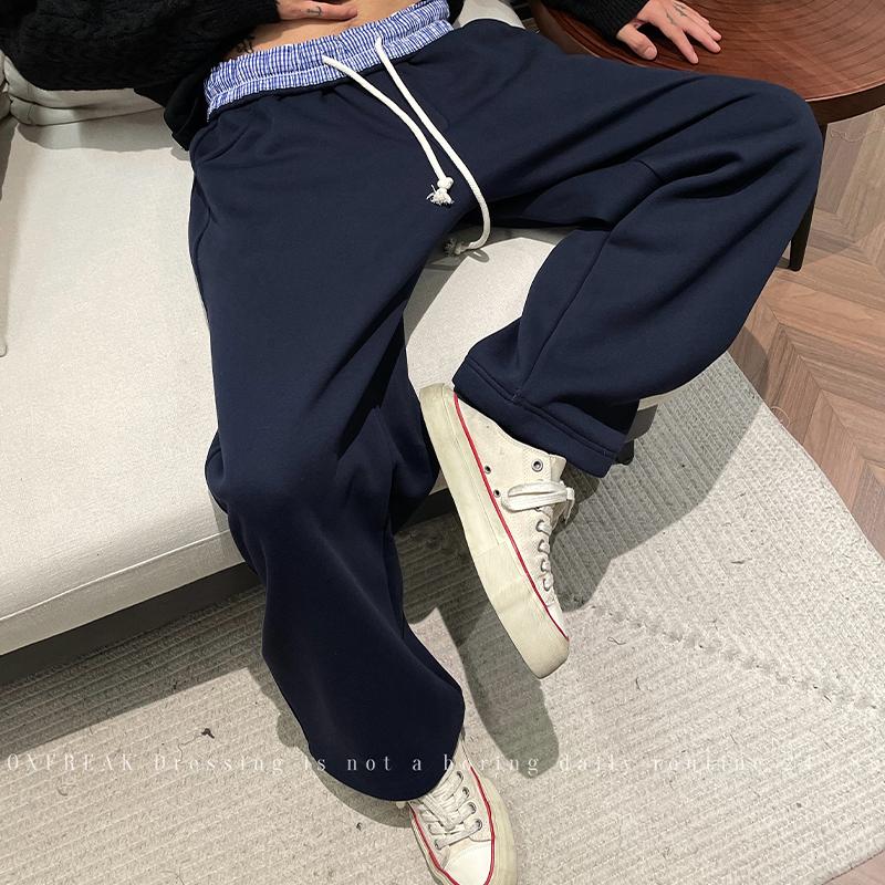 OXFREAK「松紧腰 撞色翻腰」抽绳加绒休闲裤男直筒宽松卫裤秋冬季