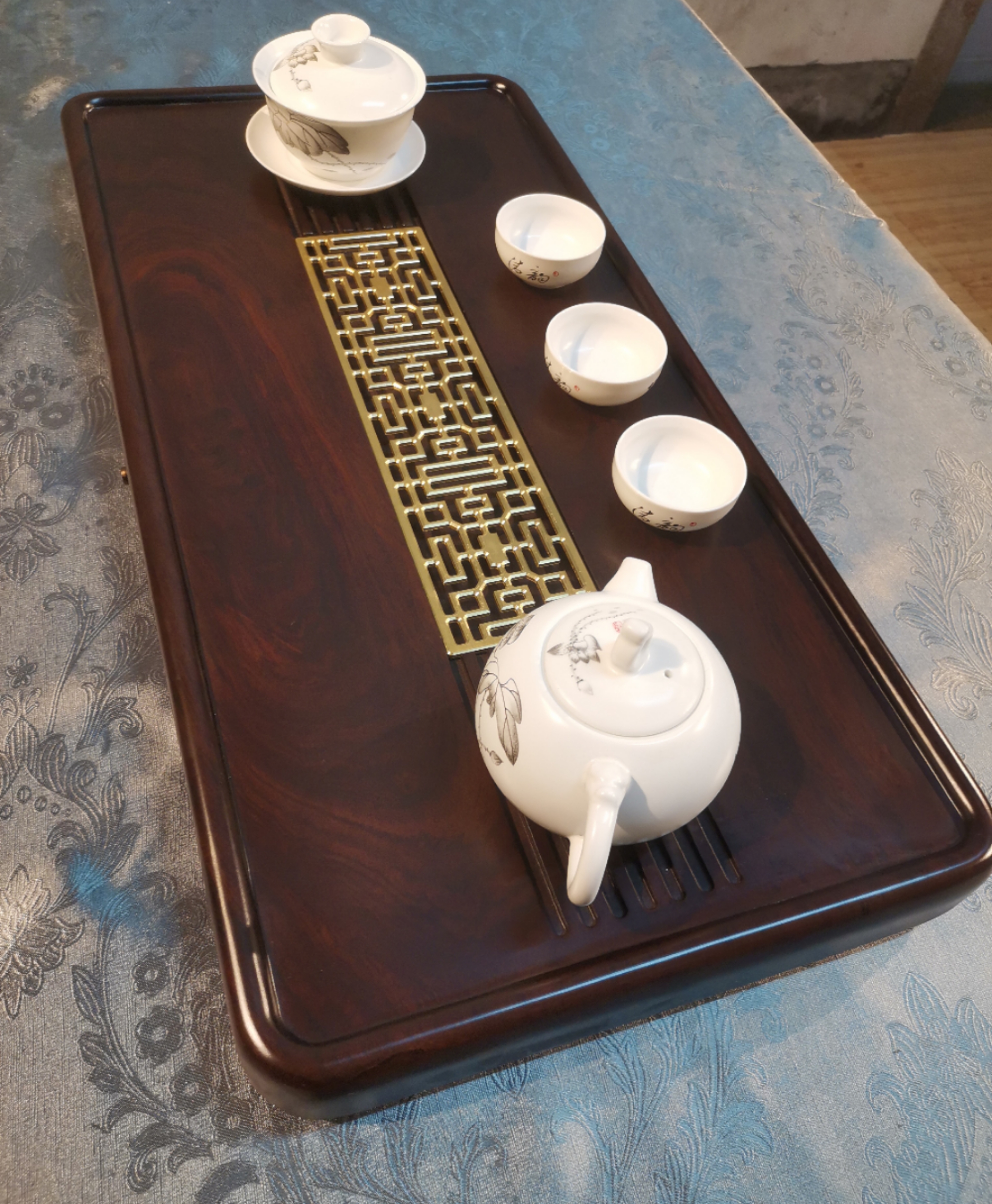   窗格  整块黑檀木茶盘实木小型家用托盘新中式茶海排水功夫茶具