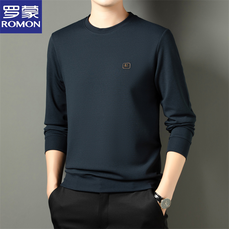 罗蒙男士卫衣春秋季圆领华夫格上衣潮牌休闲宽松套头长袖男t恤