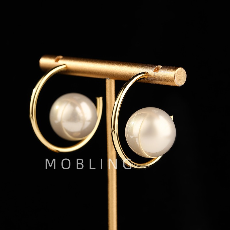 铜合金仿珍珠耳饰 大珍珠耳钉女耳环小众设计几何C形耳圈轻奢耳饰