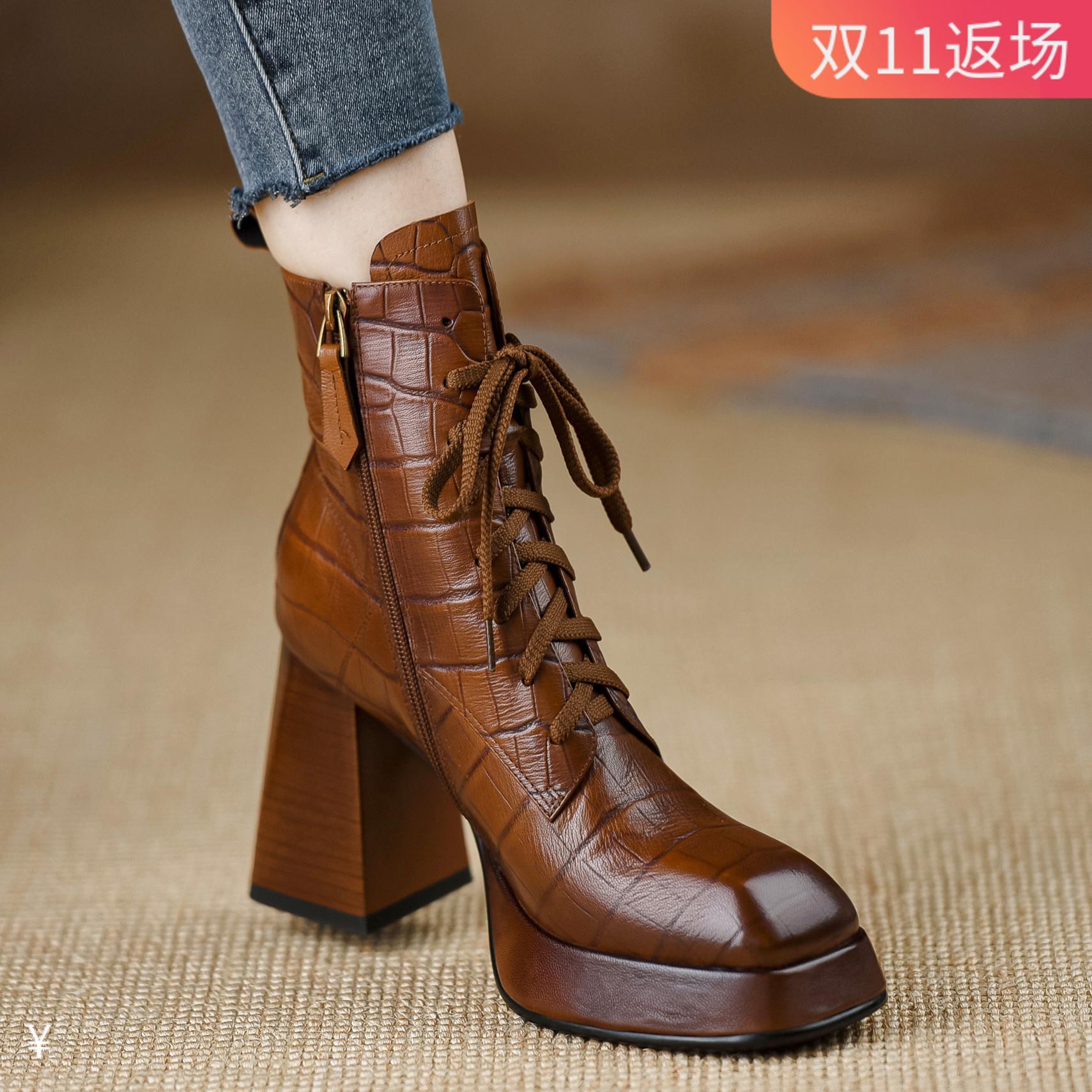 红蜻蜓牌熊大叔手工女鞋8.8cm~新款防水台头层羊皮高跟短靴粗跟系