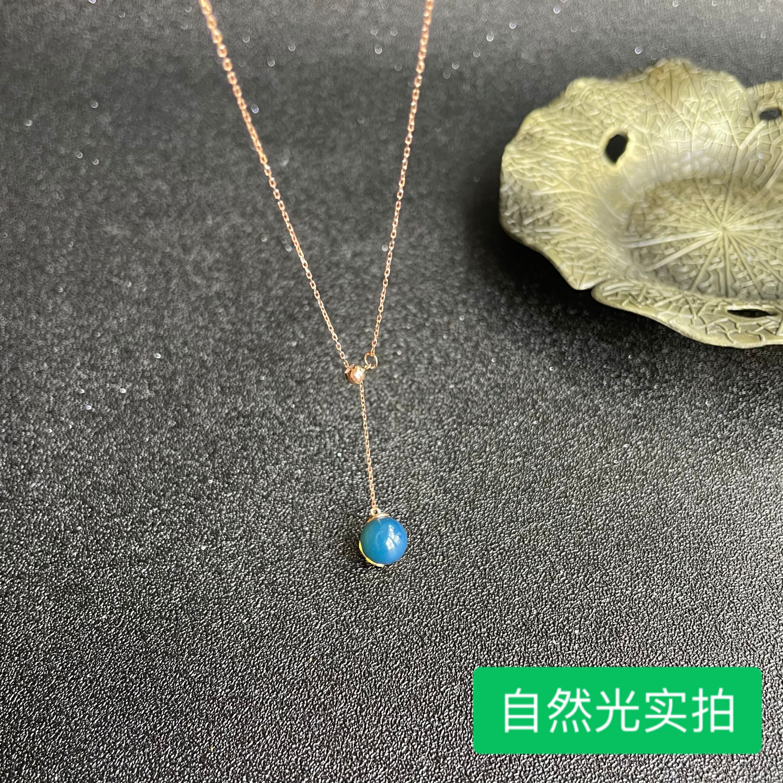 多米粒 多米尼加5a蓝珀18K玫瑰金藏品级y字项链581-07mm
