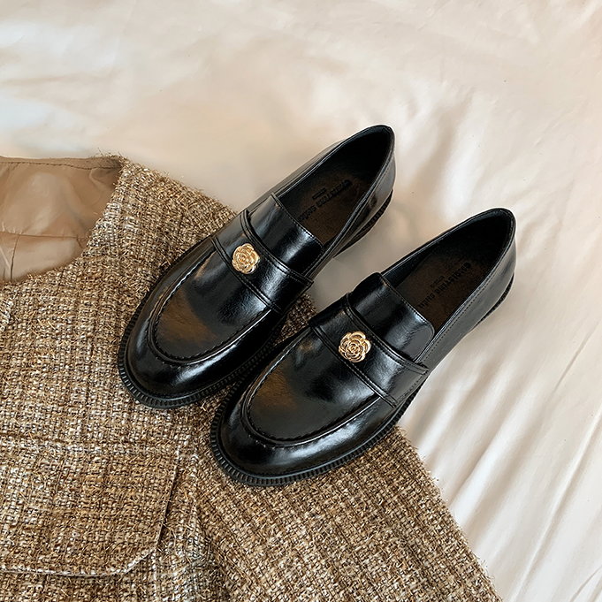 【苏茵茵】复古乐福鞋女款百搭粗跟增高懒人一脚蹬小皮鞋E4308307