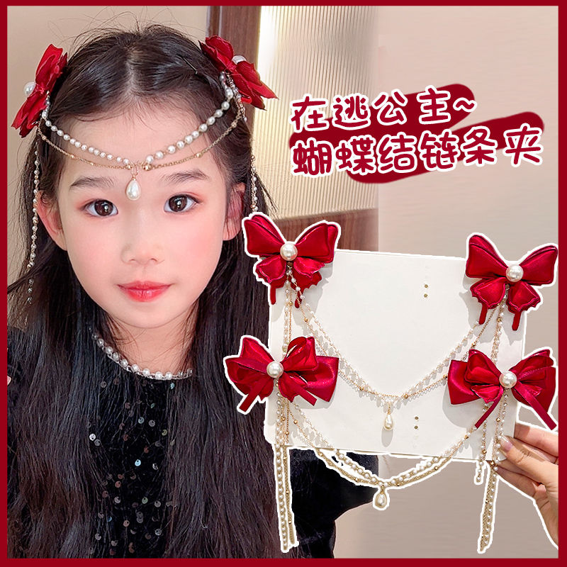 【新款儿童发饰】儿童红色蝴蝶结吊坠公主发夹中国风发卡发饰女童