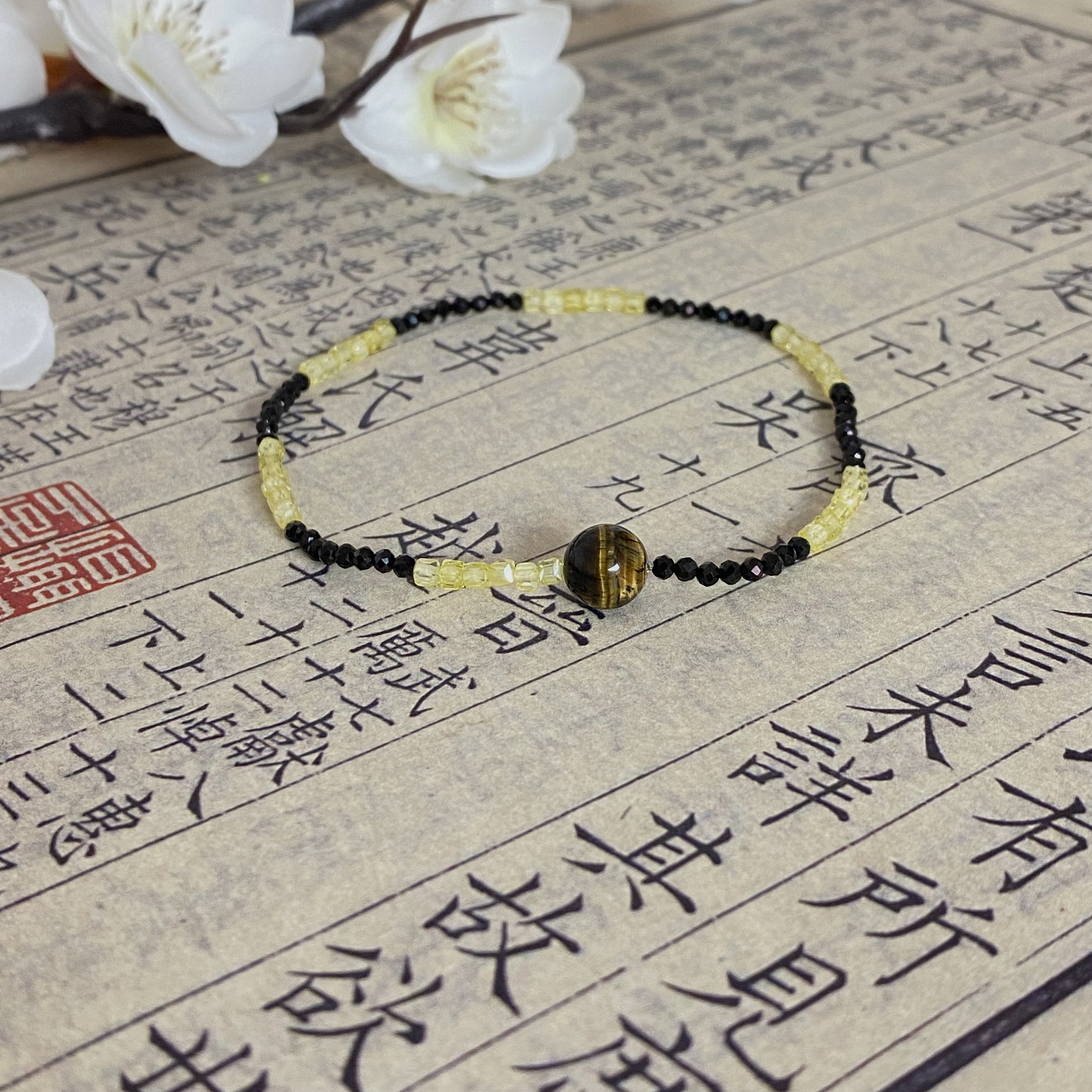 小颗粒锆石珠黑虎眼石黑曜石手链弹力绳款百搭酷简约可叠戴项链