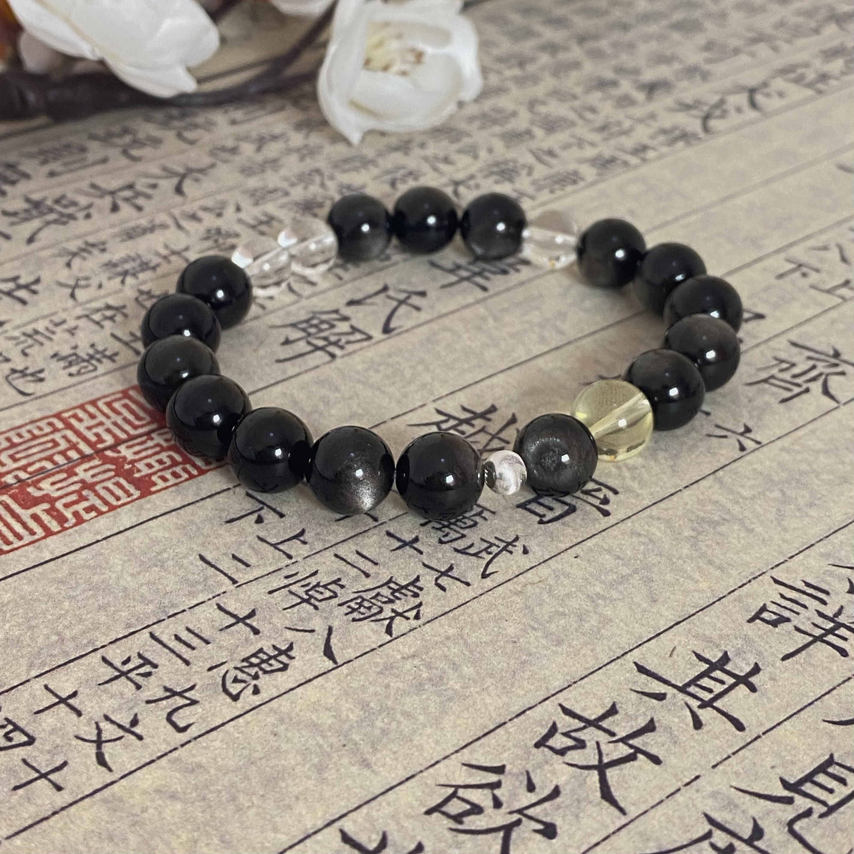 银曜石加白水晶黄水晶10mm手串手链简约百搭男女款情侣个性休闲飒