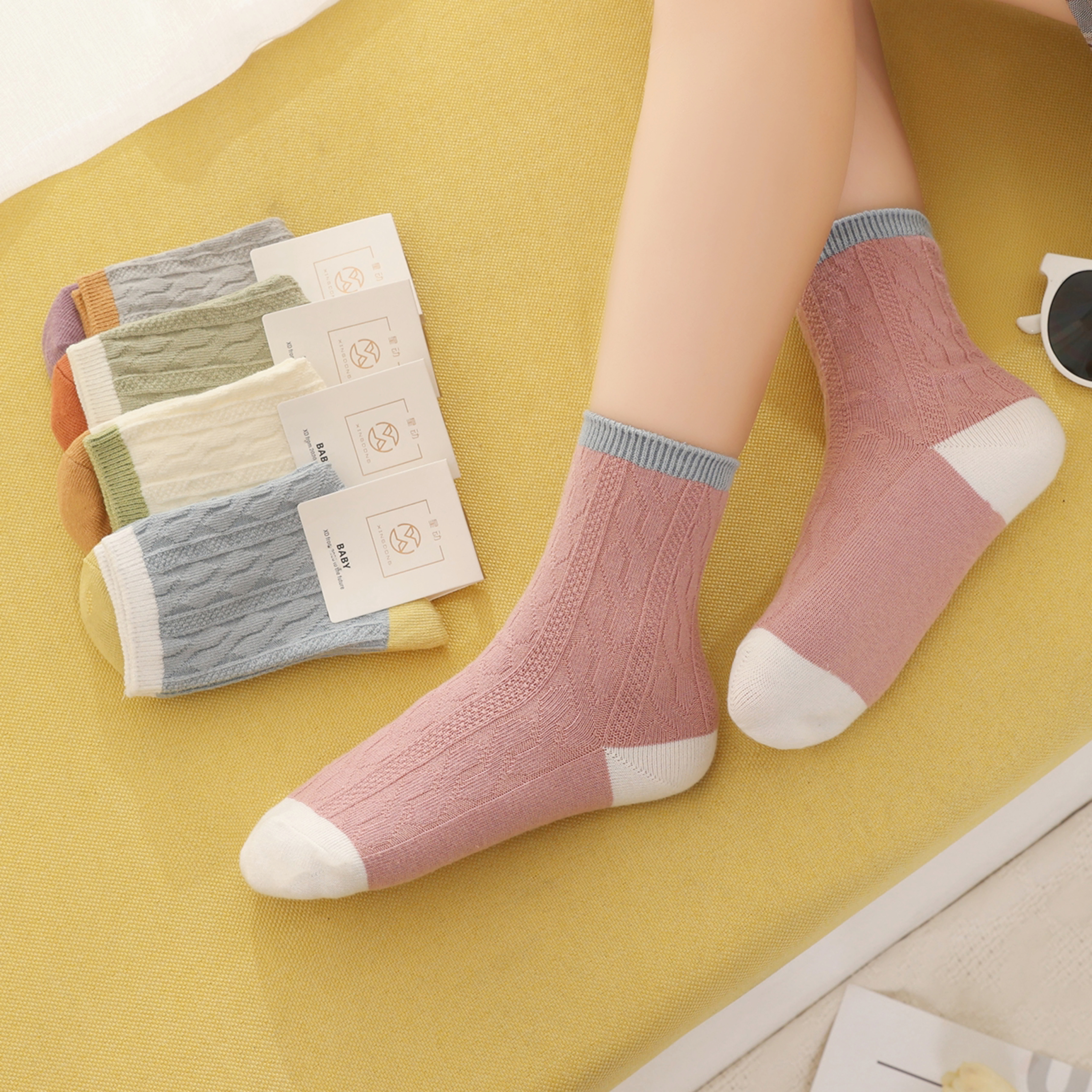 女童袜子秋冬中筒袜 撞色棉线双针儿童袜吸汗透气秋冬季小童袜子