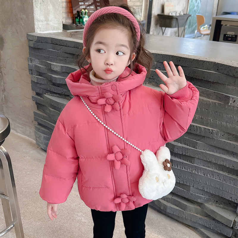 女童羽绒服2023新款小女孩花朵短款加厚白鸭绒外套宝宝花朵上衣潮