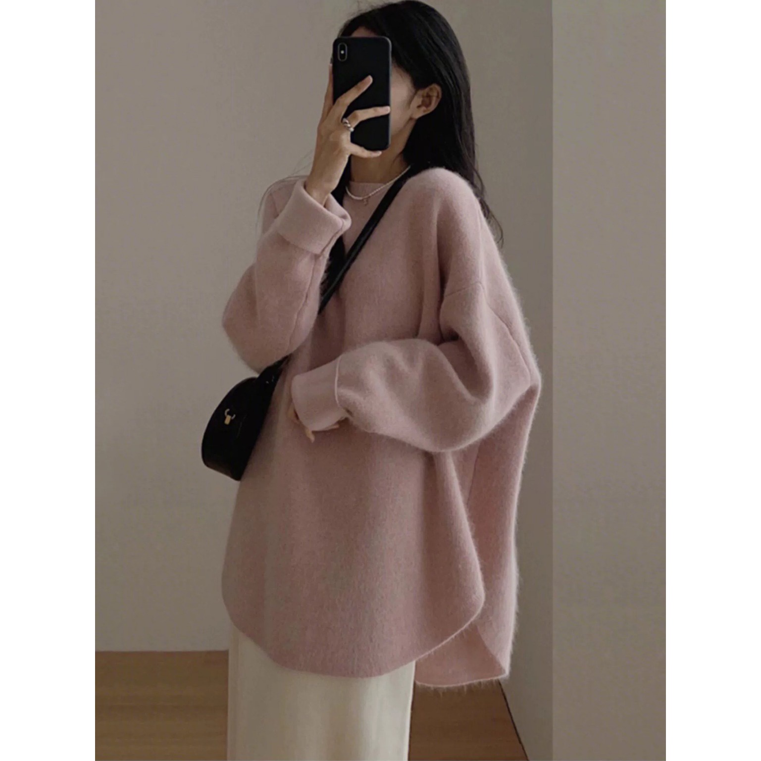 2023秋冬新款韩系慵懒风纯色圆领毛衣时尚百搭温柔气质针织上衣