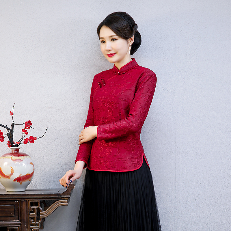 妈妈装秋冬季复古加绒加厚高档旗袍上衣中国风唐装礼服洋气打底衫