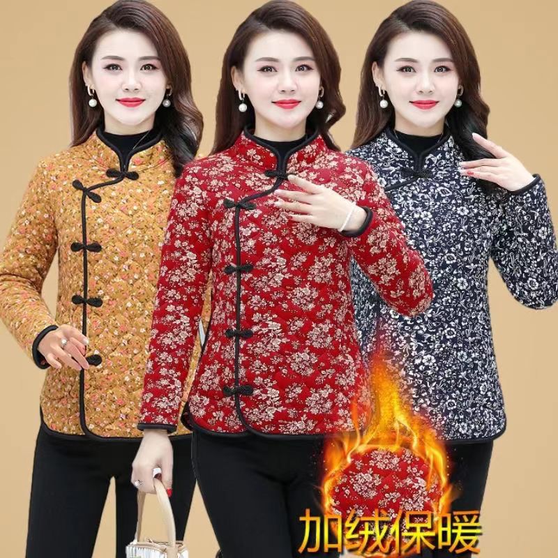 妈妈秋冬装新款加绒加厚复古国风中式唐装棉袄民族风盘扣碎花棉衣